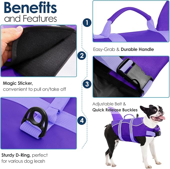 AOFITEE Dog Life Vest, Dog Life Jacket Shark, Reflective Puppy Safety Vest with Superior Buoyancy and Rescue Handle, Adjustable Dogs Swimsuit Float Coat for Small Medium Large Dogs, XS