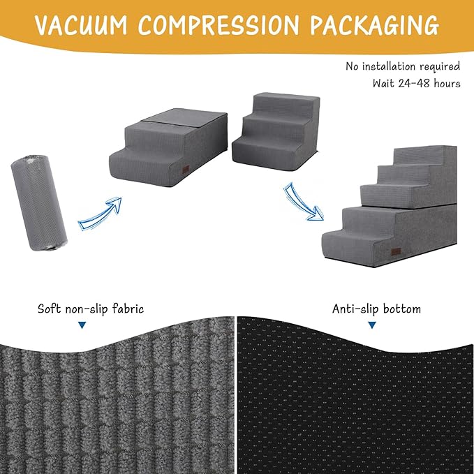 5-Step Dog Stairs for High Beds, Non-Slip Pet Steps for Small Dogs & Cats, Grey Linen, 22.6" H