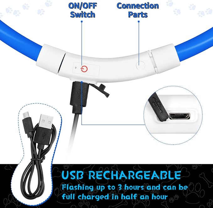 Weewooday 3 Pcs Dog Collar LED USB Rechargeable Lights Dog Necklace Collars Doggy Lights for Night Walking Adjustable Safety Lamp Pet Collars for Large Medium Small Puppy Pet(Blue,Classic Style)