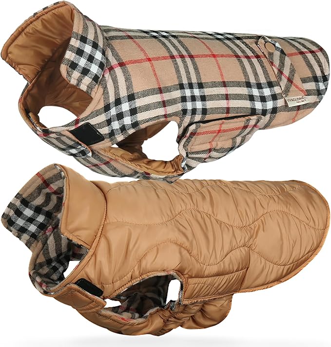VIVAGLORY SoftJoy Dog Winter Coat - British Style Plaid Jacket Vest Apparel for Cold Weather - Heavy Duty Snow Warm Cozy Reversible Outdoor Accessories - S Khaki