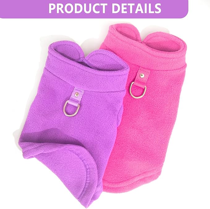 2 Fleece Dog Sweater Vests for Small Dogs - Soft, Warm Pullover with D-Ring, Perfect for Cold Weather; Male or Female, Medium Size (Rose,Purple)