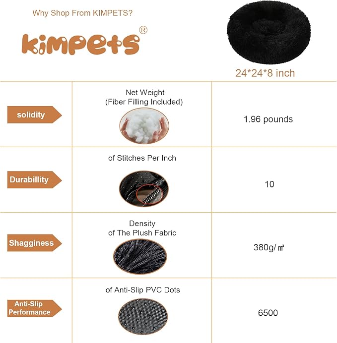 Dog Calming Beds for Small Medium Large Dogs - Round Donut Washable Puppy Dog Bed, Anti-Slip Faux Fur Fluffy Donut Cuddle Anxiety Cat Pet Bed(24'' Black)