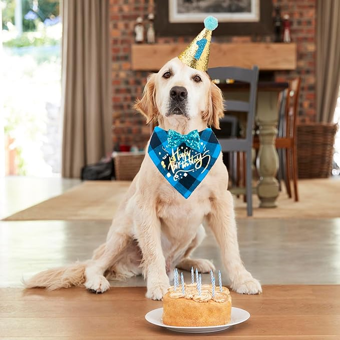 ADOGGYGO Dog Birthday Boy Bandana, Doggy 1st Birthday Party Supplies, Pet Party Hat Scarf Bowtie Banner Set for Large X-Large Dogs (X-Large)