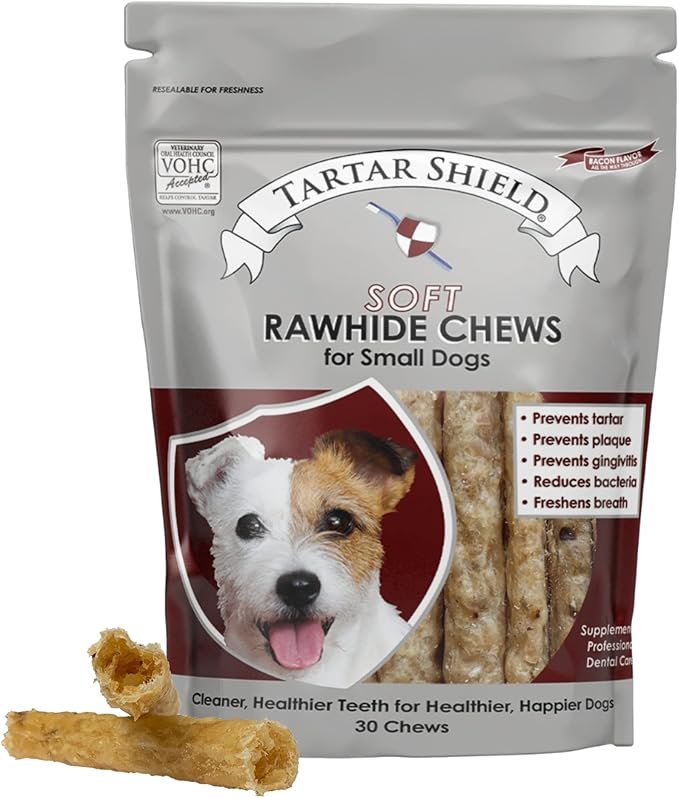 Tartar Shield Soft Rawhide Chews | Safe Dental Treats for Small Dogs | Vet VOHC Approved | Daily Bone Cleans Teeth & Gums Fresh Breath Oral Health Support | USA Made | (Small Dogs / 30 Count)
