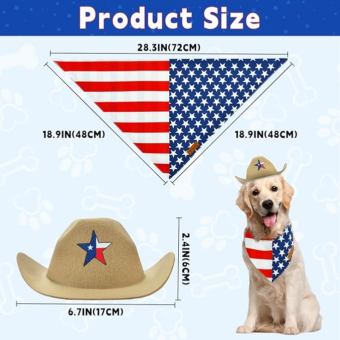 Vehomy 4th of July Pet Dog Costume - Dog Cowboy Hats with Star Décor Independence Day Dog Bandanas with American Flag Pattern 4th July Pet Hat and Scarf Outfit for Dogs Cats (4Pcs)