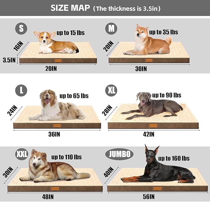 Patas Lague Orthopedic Jumbo Dog Bed for Extra Large Dogs 56''X40'', Waterproof Soft Warm Comfortable Egg Crate Foam Jumbo Pet Beds Mat with Removable Washable Cover and Nonskid Bottom, Brown