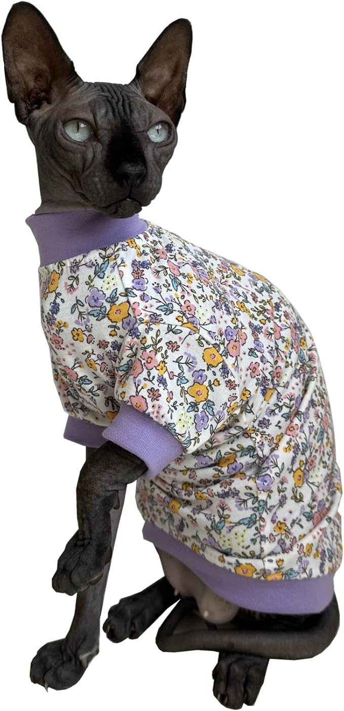Sphynx Hairless Cat Cute Summer Cotton T-Shirts Pet Clothes,Round Collar Kitten Shirts Cats Apparel (Flor Do Campo, Small (Pack of 1))