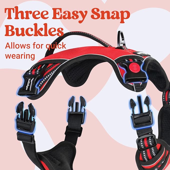 rabbitgoo Dog Harness for Large Dogs, No Pull Pet Harness with Soft Padded Handle, Adjustable Reflective Vest with 3 Buckles, Easy Walking Harness with 2 Leash Clips, Red, L