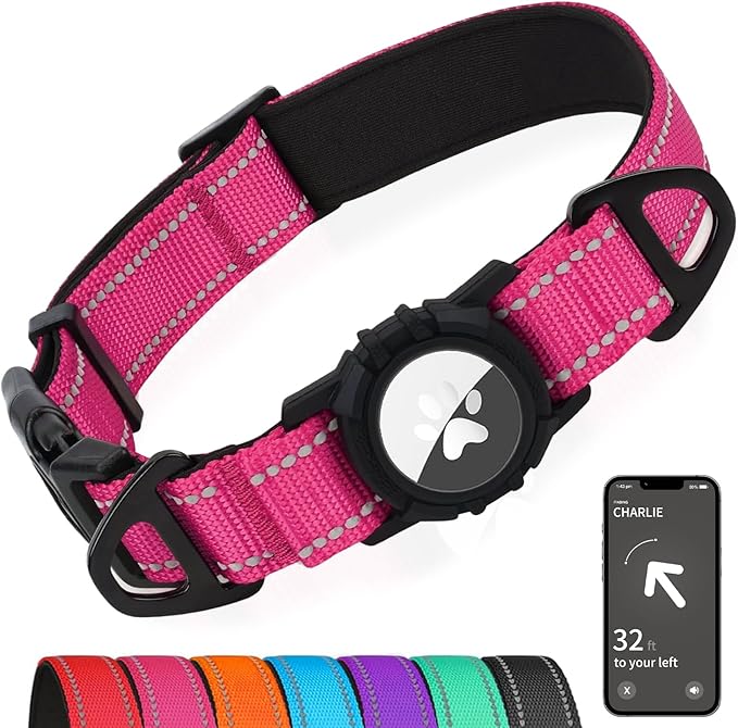 Joytale Airtag Dog Collar, Dual D-Rings, Reflective Pet Collar with Waterproof AirTag Holder, Soft Padded Adjustable for Small Dogs, Hotpink, S