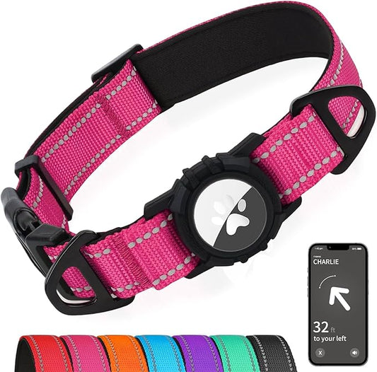 Joytale Airtag Dog Collar, Dual D-Rings, Reflective Pet Collar with Waterproof AirTag Holder, Soft Padded Adjustable for Small Dogs, Hotpink, S