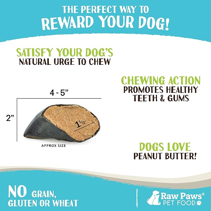 Raw Paws Filled Cow Hooves for Dogs - Peanut Butter Flavor, 5-Pack, Natural Beef, Free Range Cow Hooves - Peanut Butter for Dogs - Stuffed Cow Hoof Dog Chews