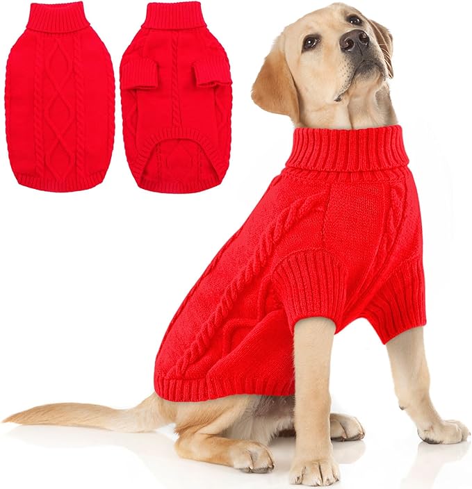 Queenmore XXL Large Dog Winter Clothes - Warm Turtleneck Knitted Sweaters for Pitbull Doberman Dogs, Males & Females, Red, 2XL