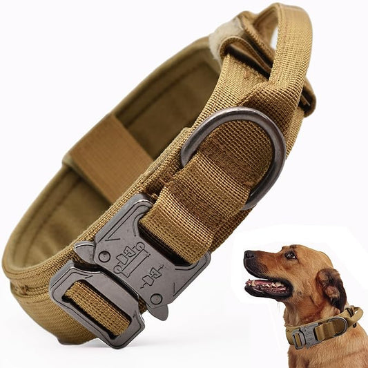 Tactical Dog Collar, Adjustable Military Training Nylon Dog Collar with Control Handle and Heavy Quick-Release Metal Buckle for Small Medium Large Dogs, Brown M
