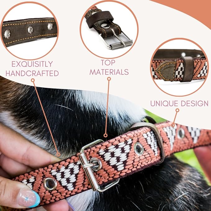 Western Dog Collar - Leather Embroidered Design for Small Medium Large Dogs & Puppy Pets - Aztec Southwest for Boy Girl Female & Male Dogs - Collar para Perros Beaded (Large, Brown Rust)