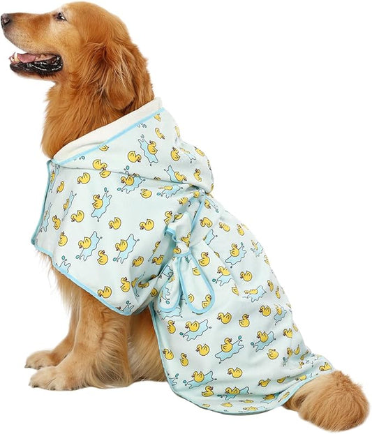 HDE Dog Bathrobe Super Absorbent Quick Drying Towel with Hood for All Dog Breeds Sizes S-XXL - Rubber Duck Puddles - XXL