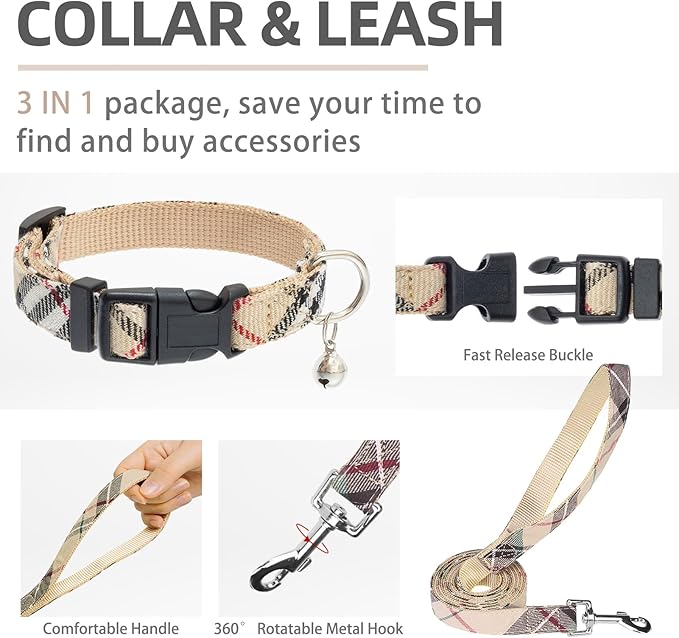 PUPTECK Adjustable Dog Harness Collar and Leash Set Step in No Pull Pet Harness for Small Medium Dogs Puppy and Cats Outdoor Walking Running, Soft Mesh Padded Reflective Vest Harnesses, Beige XL