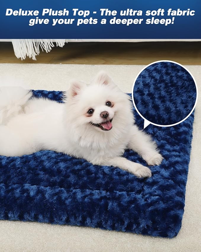 Washable Dog Bed Mat Reversible Dog Crate Pad Soft Fluffy Pet Kennel Beds Dog Sleeping Mattress for Large Jumbo Medium Small Dogs, 29 x 18 Inch, Blue