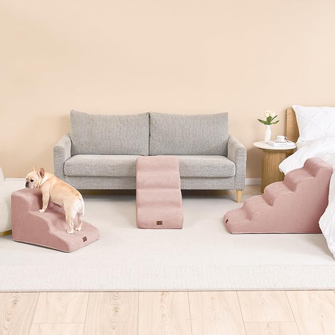 EHEYCIGA Curved Dog Stairs Ramp for High Beds 22.6" H, 5-Step Dog Steps for Small Dogs and Cats, Pet Stairs for High Bed Climbing, Non-Slip Balanced Pet Step Indoor, Dusty Pink