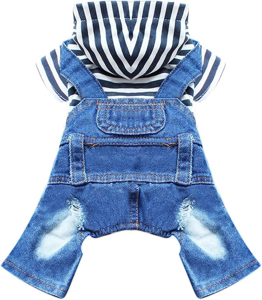 Small Dog Hoodie Clothes Cute Stripe Shirts Denim Jumpsuit One-Piece Outfit for Small Medium Dogs Cats Boy Girl Chihuahua Blue Jeans Overalls Puppy Costume (Blue,L)