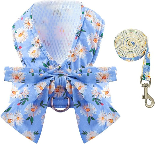 BAEJMJK Dog Harness and Leash Set with Bow Knot No Pull Pet Daisy Floral Harness with D-Ring Soft Mesh Dog Harness Vest Set Escape Proof Princess Puppy Harness for Small Girl Dogs Cats(Blue B XS)