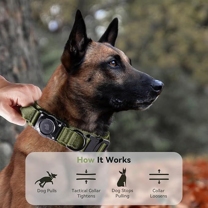 2025 Upgrade Waterproof AirTag Dog Collar, Military Tactical Dog Collar with AirTag Holder, Comfortable Control Handle and Metal Buckle, GPS Dog Collar Holder for Medium to Large Dogs (ArmyGreen, M)