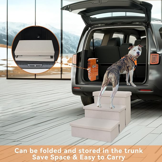 Dog Stairs with Storage 18" H, 3-Step Wider Dog Steps for Small/Medium/Large Old Dogs Cats, Folding Sturdy Pet Stairs Climbing Bed or Couch, Ramp for Car Up to 200 lbs (Beige Gray, No Condo)