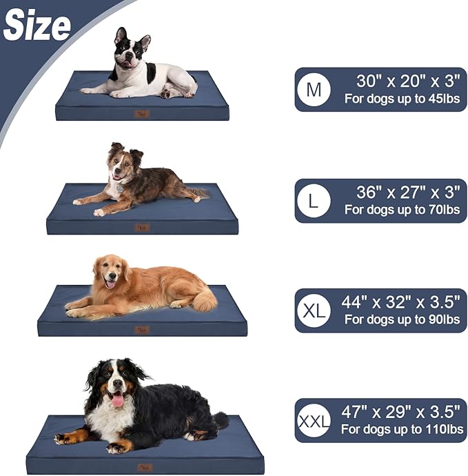 Large Outdoor All Weather Dog Bed, Waterproof Dog Bed for Large Dogs, Orthopedic Egg Foam Pet Bed with Washable and Removable Oxford Cooling Cover, Navy