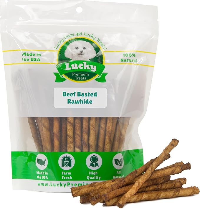 Beef Basted Rawhide Twist Sticks Dog Treats – 125ct. Premium Rawhide Chew Sticks – Long Lasting Beef Flavored Chews for Small Dogs Made in USA with Natural Beefhide
