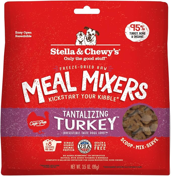 Stella & Chewy's Freeze-Dried Raw Tantalizing Turkey Meal Mixers- Dog Food Topper and Mixer - Made with 95% Cage-Free Turkey, Organs & Bone - Perfect for Picky Eaters - Grain-Free - 3.5 oz