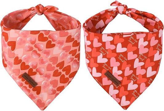 Unique Style Paws Dog Valentine's Day Bandanas 2Pcs Washable Cotton Triangle Painting Love Heart Dog Scarfs for Small Medium Large Dogs and Cats