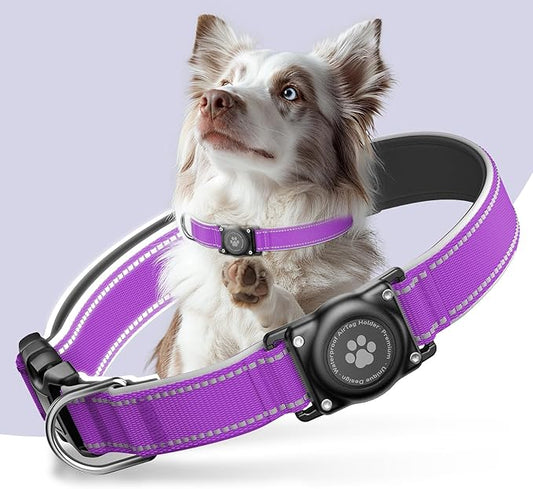 Airtag Dog Collar - 100% Waterproof Air tag Dog Collar Holder for Apple AirTag, Reflective, Soft Padded, Everlasting, GPS Dog Collar for Small Medium Large Dogs (Purple, M)