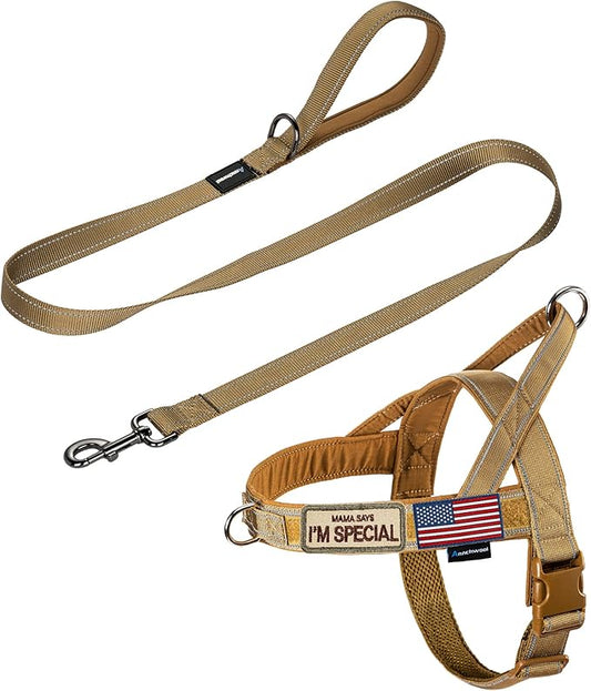 Annchwool No Pull Dog Harness with Padded Handle+5 Ft Leash,Reflective Strip Escape Proof and Quick Fit to Adjust Dog Harness,Easy for Training Walking for Small & Medium and Large Dogs(Brown-Set,L)