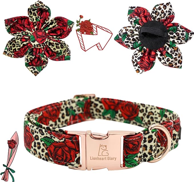 Lionheart Glory Cute Floral Pattern Pet Collar with Rose, Adjustable for Small Dogs