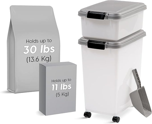 IRIS USA Dog Food Storage Container, 30 lbs & 11 lbs Combo, Cat Food Storage Container, Dog Treat Container, Airtight, Stackable, 2-Cup Scoop, Wheels, Easy Mobility, Silver