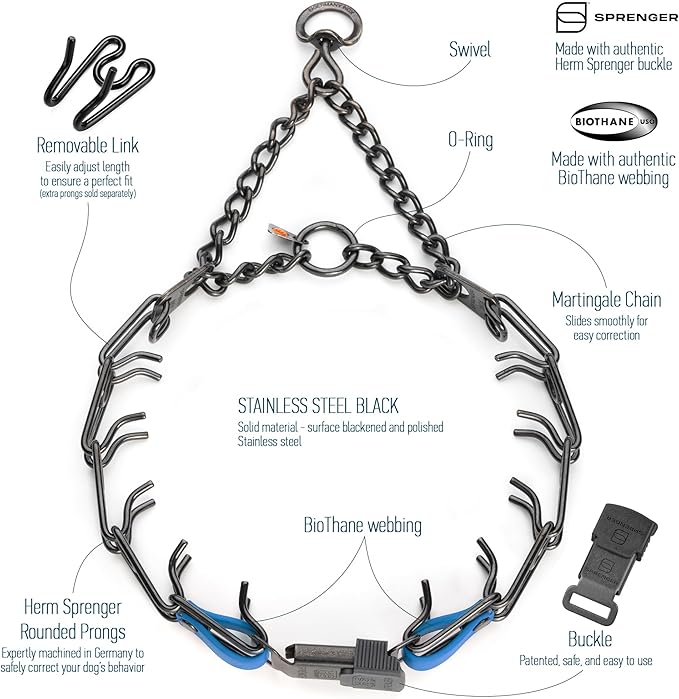 Herm Sprenger Black Stainless Steel Dog Collar with Quick Release ClicLock Buckle and Biothane Insert Training Collar Made in Germany (Cerulean Blue, 23in x 3.2mm(Neck Size up to19-20in))