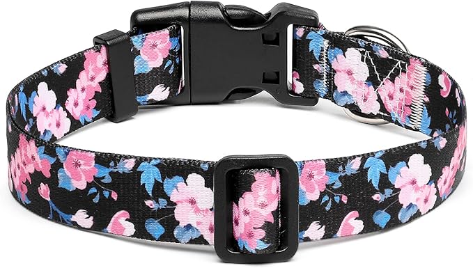 Adjustable Dog Collar with Patterns, Ultra Comfy Soft Nylon Breathable Pet Collar for Small Medium Large Dogs (M, Pink Blue Flower)