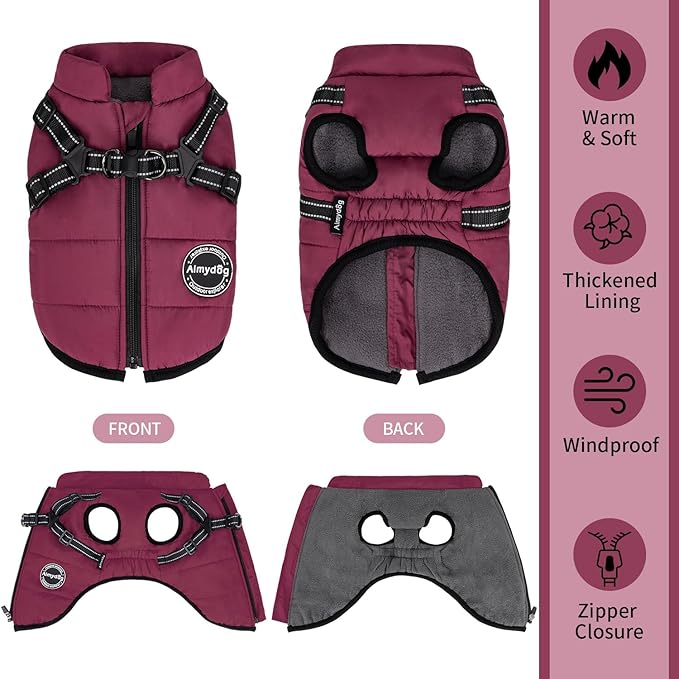 Warm Winter Coat for Dogs, Fashionable Sports Jacket with Built-in Harness, Reflective & Adjustable Pet Vest, Waterproof Windproof Apparel for Small Dogs (Purple)