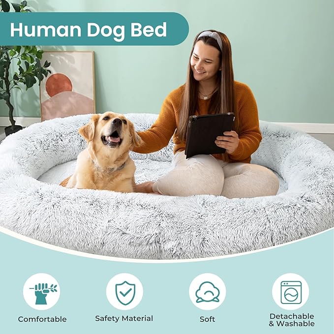JOLLYVOGUE Human Dog Bed for Adults and Pets, Ultra-Soft Plush Giant Dog Bed with Egg Crate Foam, Non-Slip Base, and Machine Washable Cover - Perfect for Relaxation and Napping, Light Grey