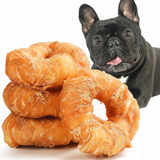 ASMPET Dog Treats Small Dogs, Chicken Wrapped Rawhide Donuts Healthy Natural Dog Chews Long Lasting Cleaning Teeth Grain Free for Medium Large Breed(Pack of 4 10.6 oz)