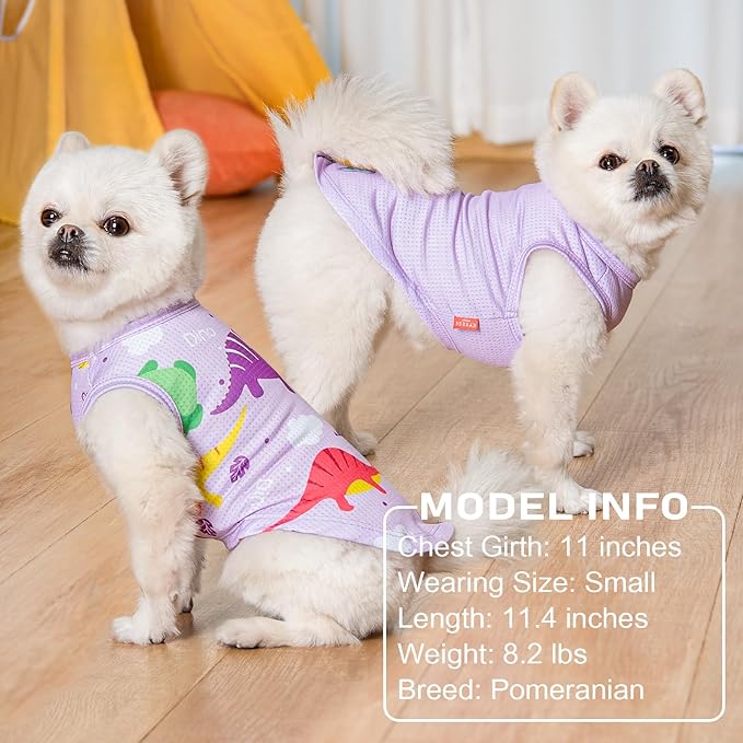 KYEESE 2 Pack Dog Shirts for Medium Dogs Quick Dry Breathable with Reflective Label Tank Top Sleeveless Vest Dog Apparel Dinosaur Pattern Sun-Blocking for Summer, XX-Large, Dinosaur+Purple