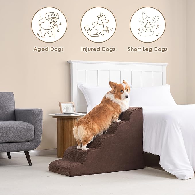 EHEYCIGA Curved Dog Stairs Ramp for High Beds, 5-Step Extra Wide Dog Steps for Small Dogs and Cats, Pet Stairs for High Bed Climbing, Non-Slip Balanced Pet Step Indoor, Brown