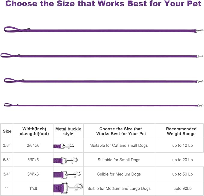 AMAGOOD 6 FT Puppy/Dog Leash, Strong and Durable Traditional Style Leash with Easy to Use Collar Hook, Great for Small, Medium and Large Dogs (5/8 in x 6 ft, Black and Purple 2-Pack)