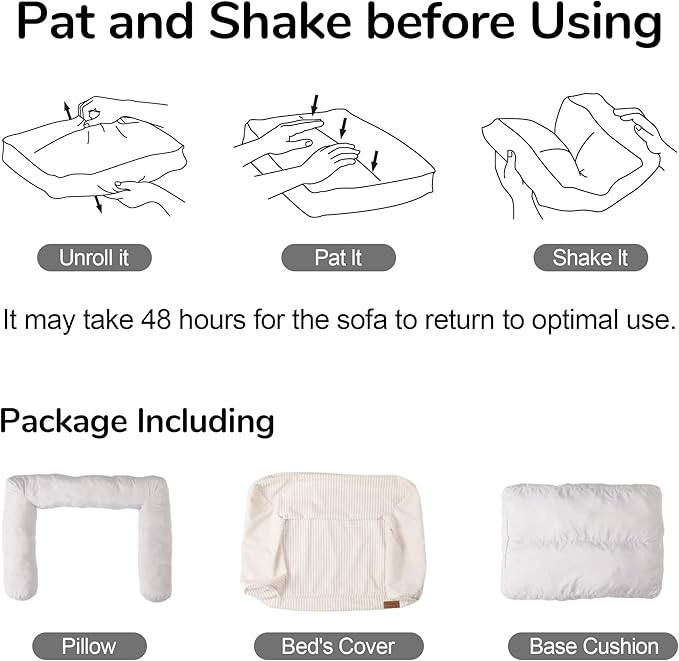 FUKUMARU Cat Couch Bed, Corduroy Cozy Cat Bed for Indoor Cats with Removable Washable Cover, Supportive Anti-Slip Dog Beds Sofa for Small Dogs Cute, 27inch, Medium, Cream