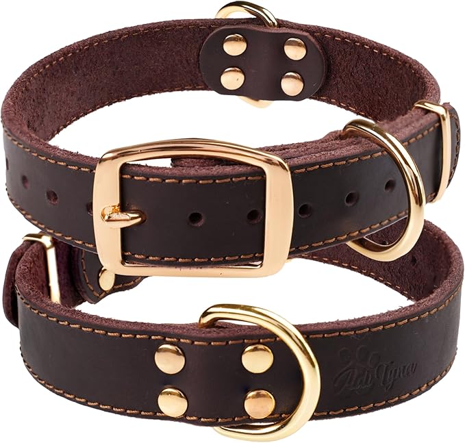 ADITYNA Heavy Duty Leather Dog Collar for Medium Dogs - Soft and Strong Collar for Walking, and Training (Medium: Fit 13" - 20" Neck, Brown - Gold Colored Buckle)