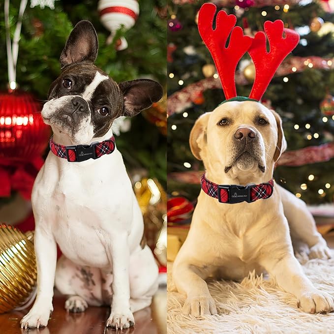 ARING PET Christmas Dog Collar-Cotton Lightweight Dog Collars, Adjustable Red Plaid Christmas Pet Collars Puppy Collar with Quick Release Buckle