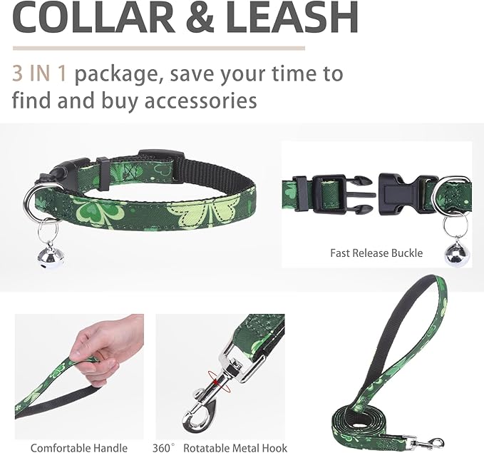 PUPTECK Adjustable Dog Harness Collar and Leash Set Step in No Pull Pet Harness for Small Medium Dogs Puppy and Cats Outdoor Walking Running, Soft Mesh Padded Reflective Vest St. Patrick's Harnesses