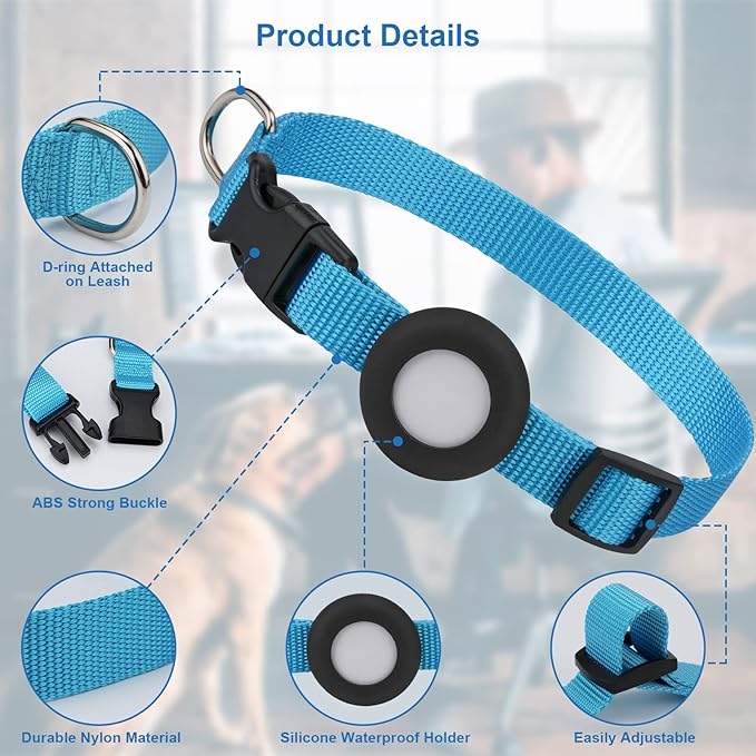 Compatible with Airtag Dog Collar, Adjustable Air Tag Dog Collar with Durable Quick Snap Buckle, Imitation Nylon Dog Collar with Waterproof Apple Airtag Holder for Small Dogs (S(6"-16"), Blue)