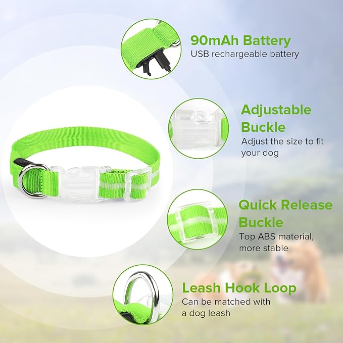 Led Dog Collar for Night Walking,Rechargeable Light Up Dog Collar Led Color,Glow in The Dark Dog Collars Waterproof for Small Medium Large Dogs (Green, Medium)