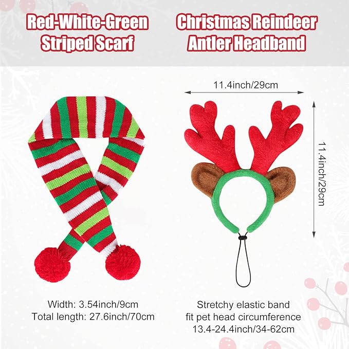 BWOGUE Dog Christmas Reindeer Elk Antlers Headband and Red-White-Green Striped Scarf Set Pet Christmas Costume Dog Costumes Accessories for Dogs and Cats