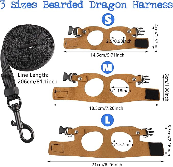 3 Pack Bearded Dragon Harness and Leash, Adjustable Leash and Harness Set with Traction Rope for Lizards and Other Small Reptiles (3 Sizes)